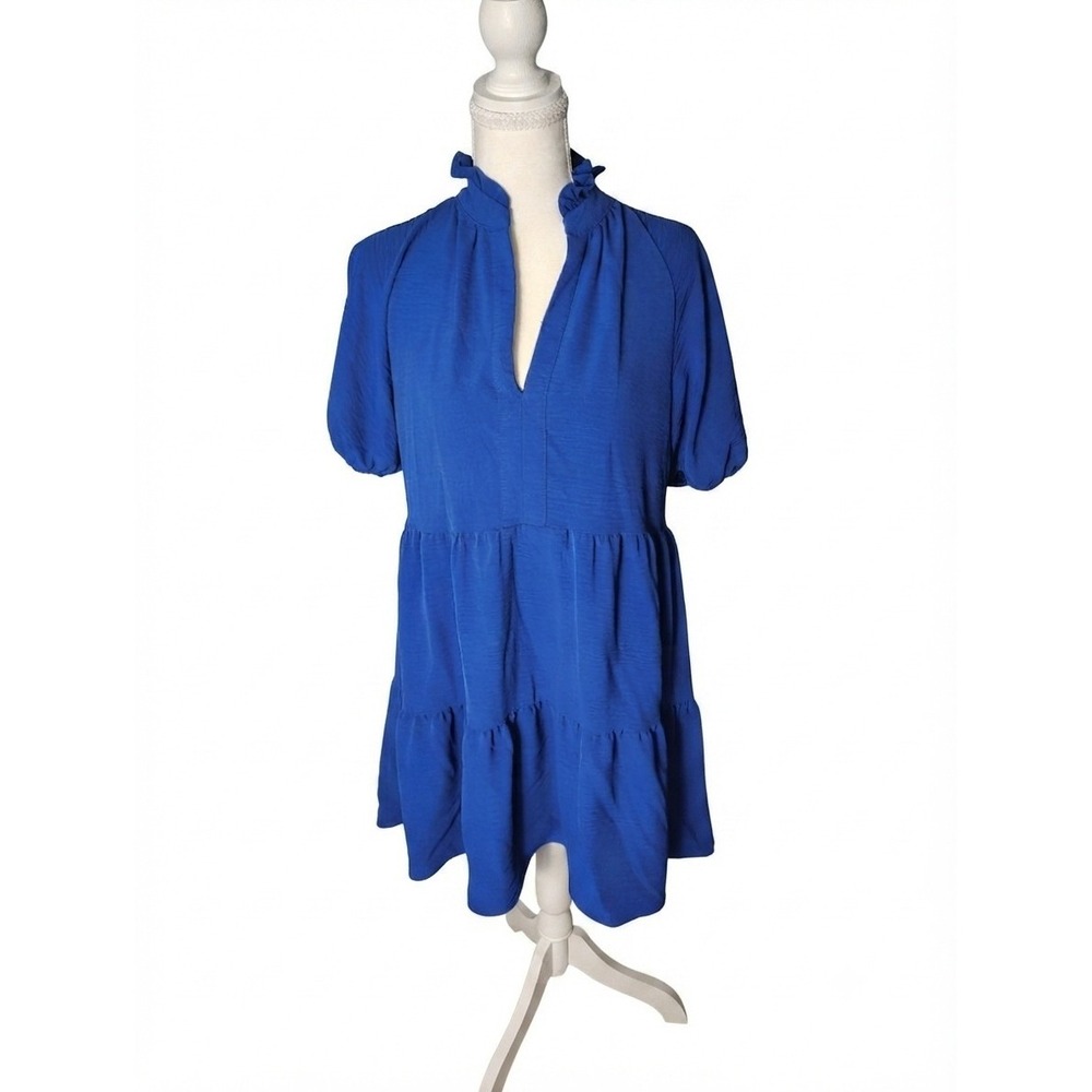 1.STATE Royal Blue Tiered Babydoll Dress‎ Ruffle Neck Puff Sleeve Small